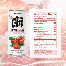 Chi Forest Strawberry Sparkling Water can with vibrant fizz and zero sugar.