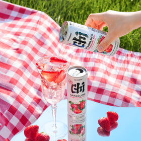 Chi Forest Strawberry Sparkling Water closeup-strawberry emphasizes seasonal flavor.