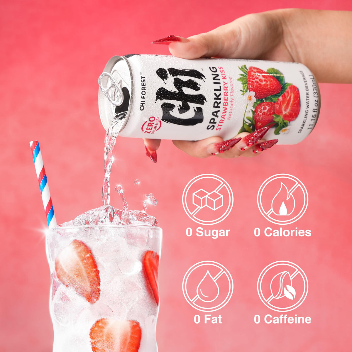 Chi Forest Strawberry Sparkling Water fizz-closeup highlights authentic fruit aroma for a tasty option.