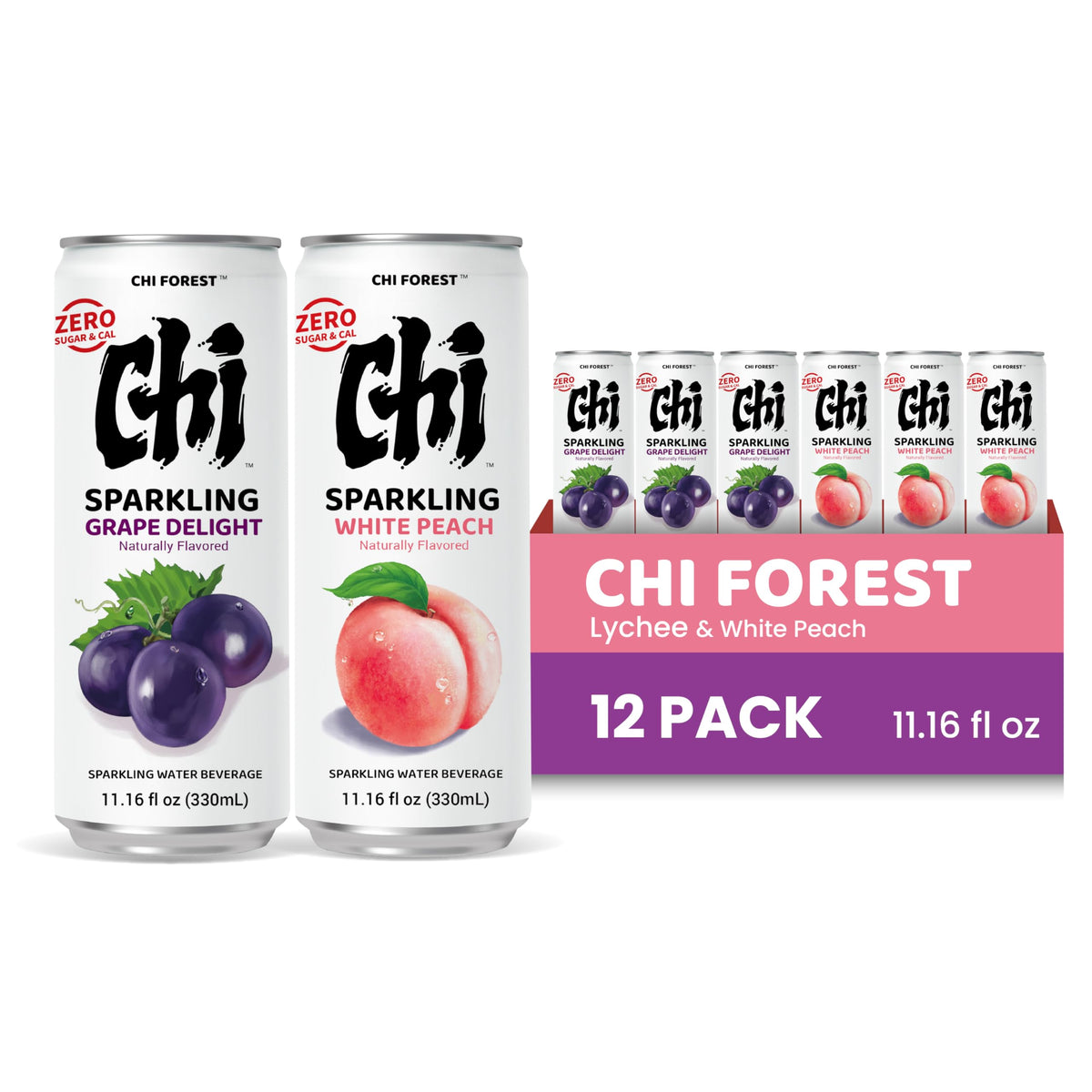 CHI FOREST Variety pack display with Peach and Grape flavors in a compact carton