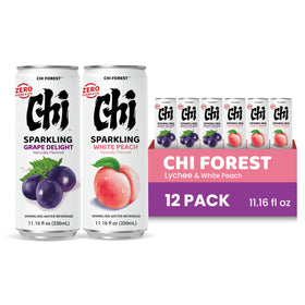 CHI FOREST Variety pack display with Peach and Grape flavors in a compact carton