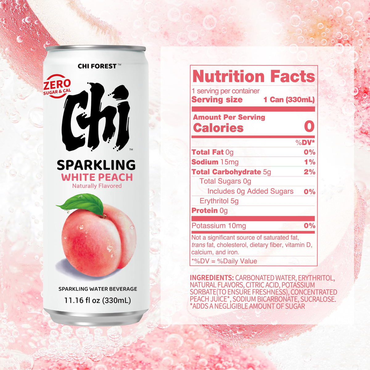 CHI FOREST White Peach Sparkling Water glass, showcasing crisp aroma and true-to-fruit flavor.