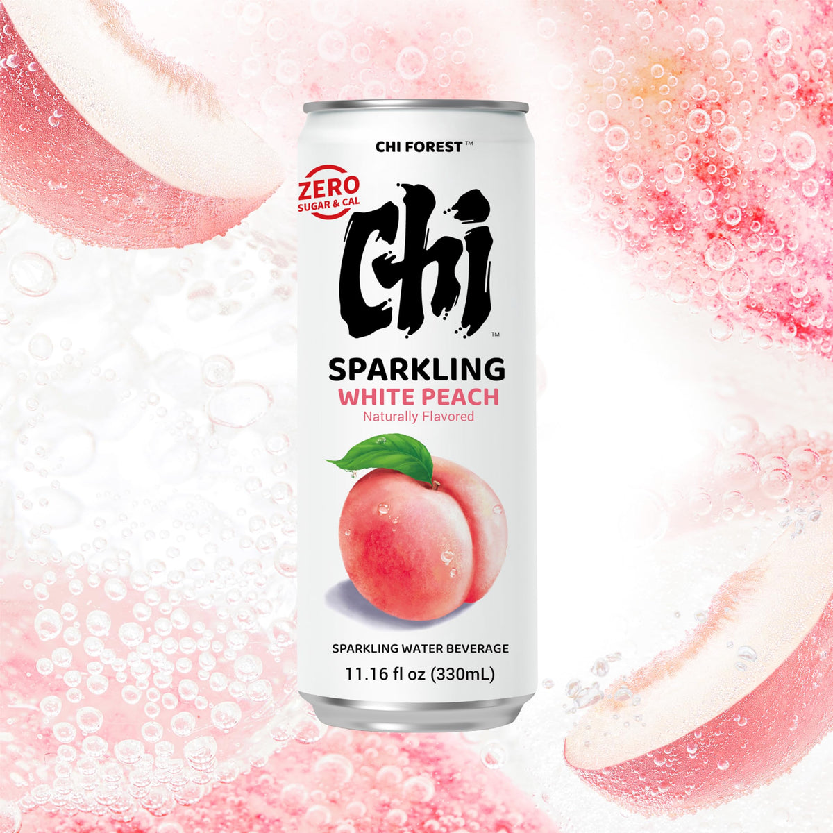 CHI FOREST Zero sugar label on a CHI FOREST sparkling water can