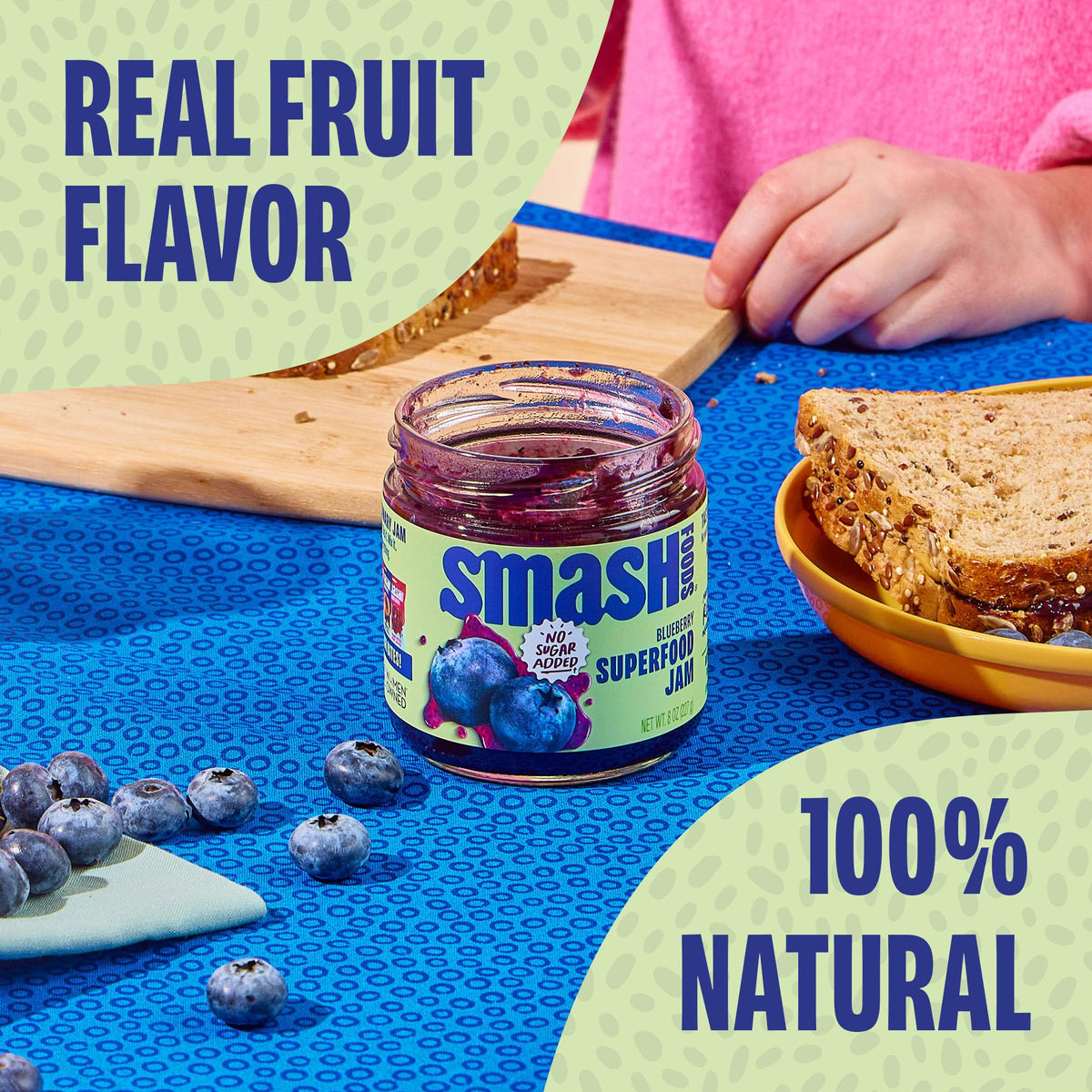 Chia Smash Blueberry Jam close-up label highlighting no added sugar and upcycled fruit