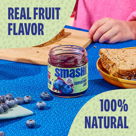 Chia Smash Blueberry Jam close-up label highlighting no added sugar and upcycled fruit