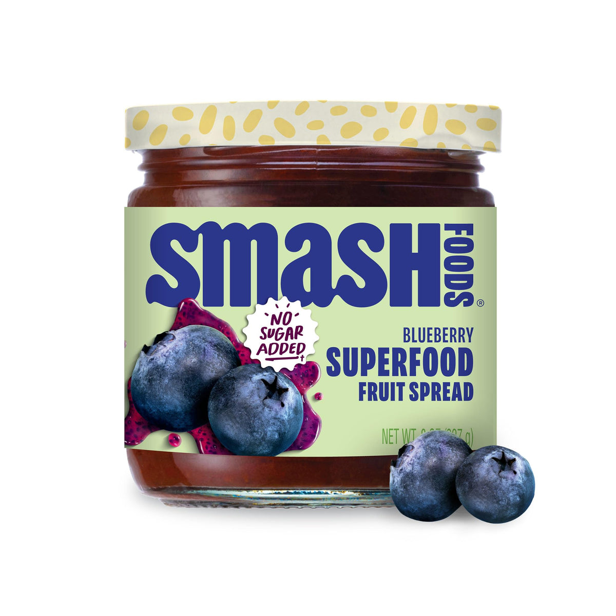Chia Smash Blueberry Jam jar close-up showing real fruit and chia benefits