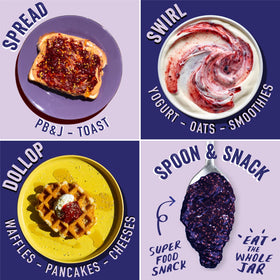 Chia Smash Grape Jam bottle label emphasizing omega-rich ingredients