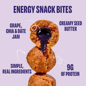 Chia Smash Grape Snack Bites close-up highlighting creamy seed butter and jam.