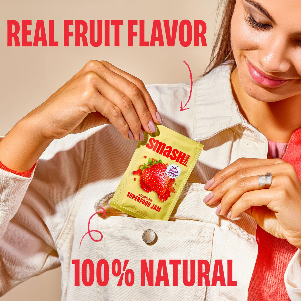 Opening a Chia Smash jam squeeze packet for on-the-go fueling