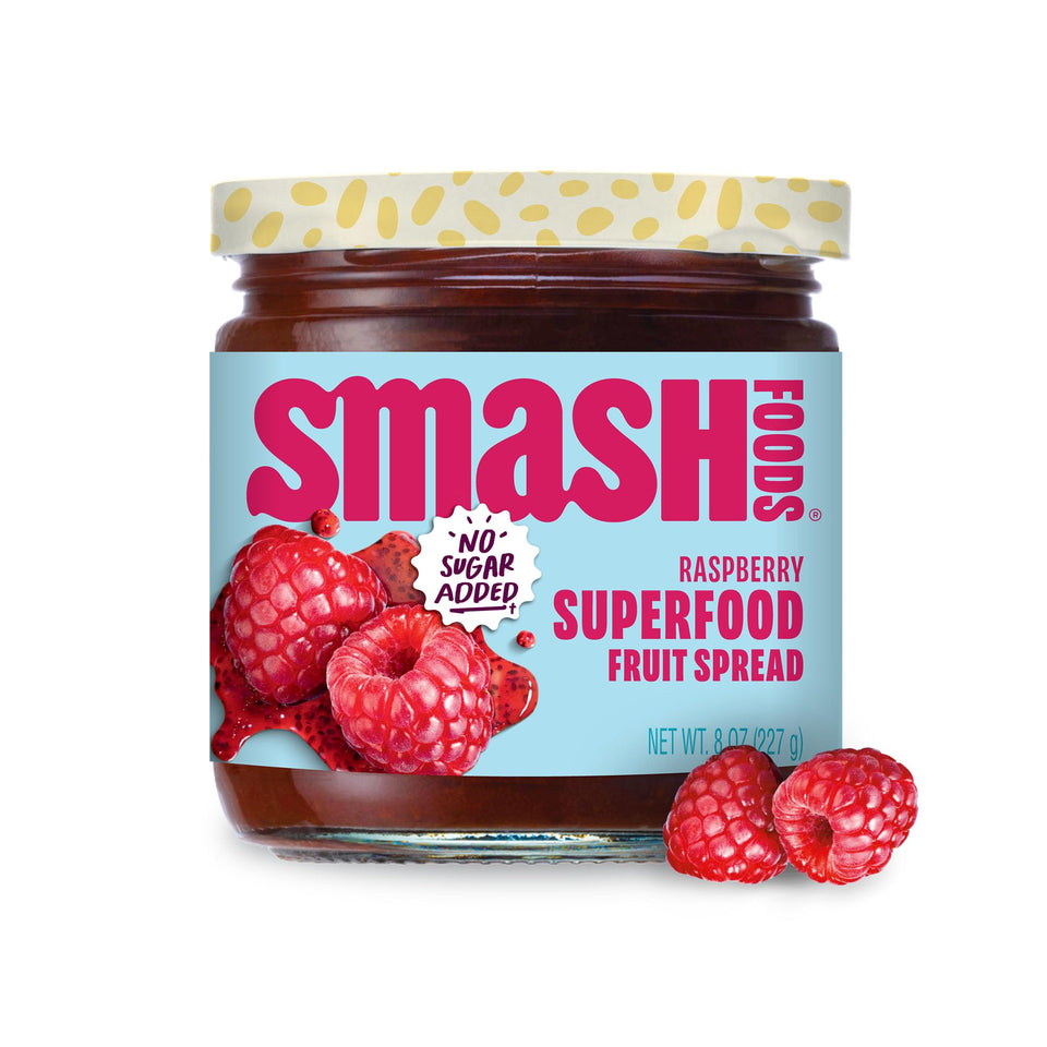 Chia Smash Raspberry Jam bottle featuring real fruit and chia seeds.