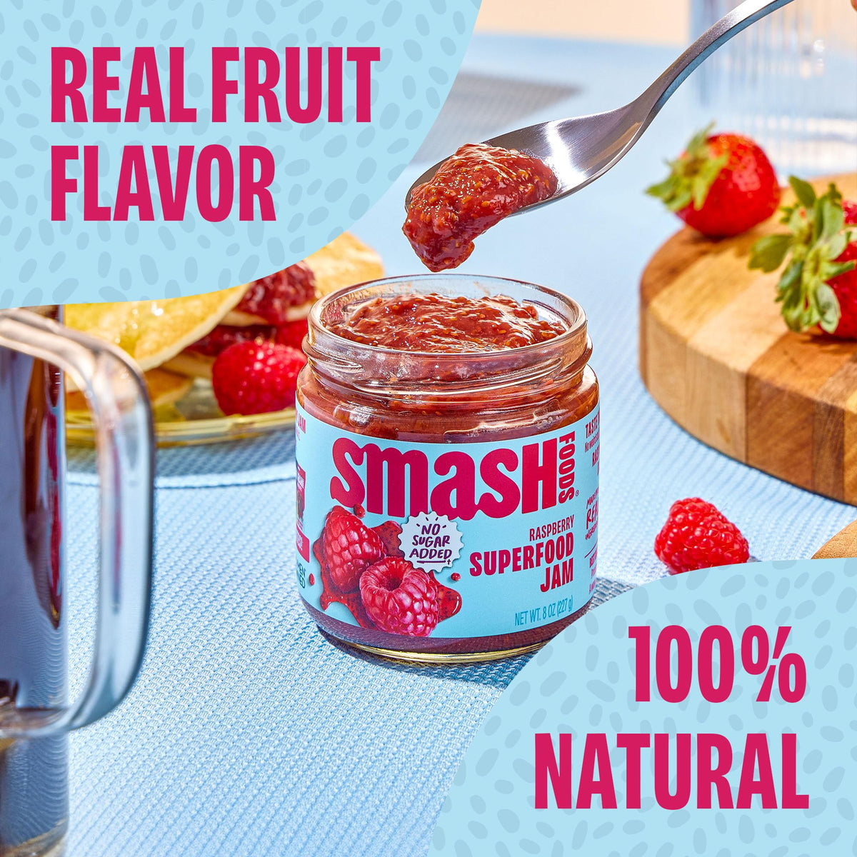 Chia Smash Raspberry Jam ingredients highlight upcycled fruit and omega-3 benefits.