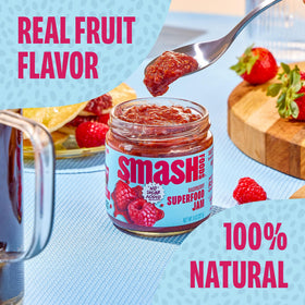 Chia Smash Raspberry Jam ingredients highlight upcycled fruit and omega-3 benefits.