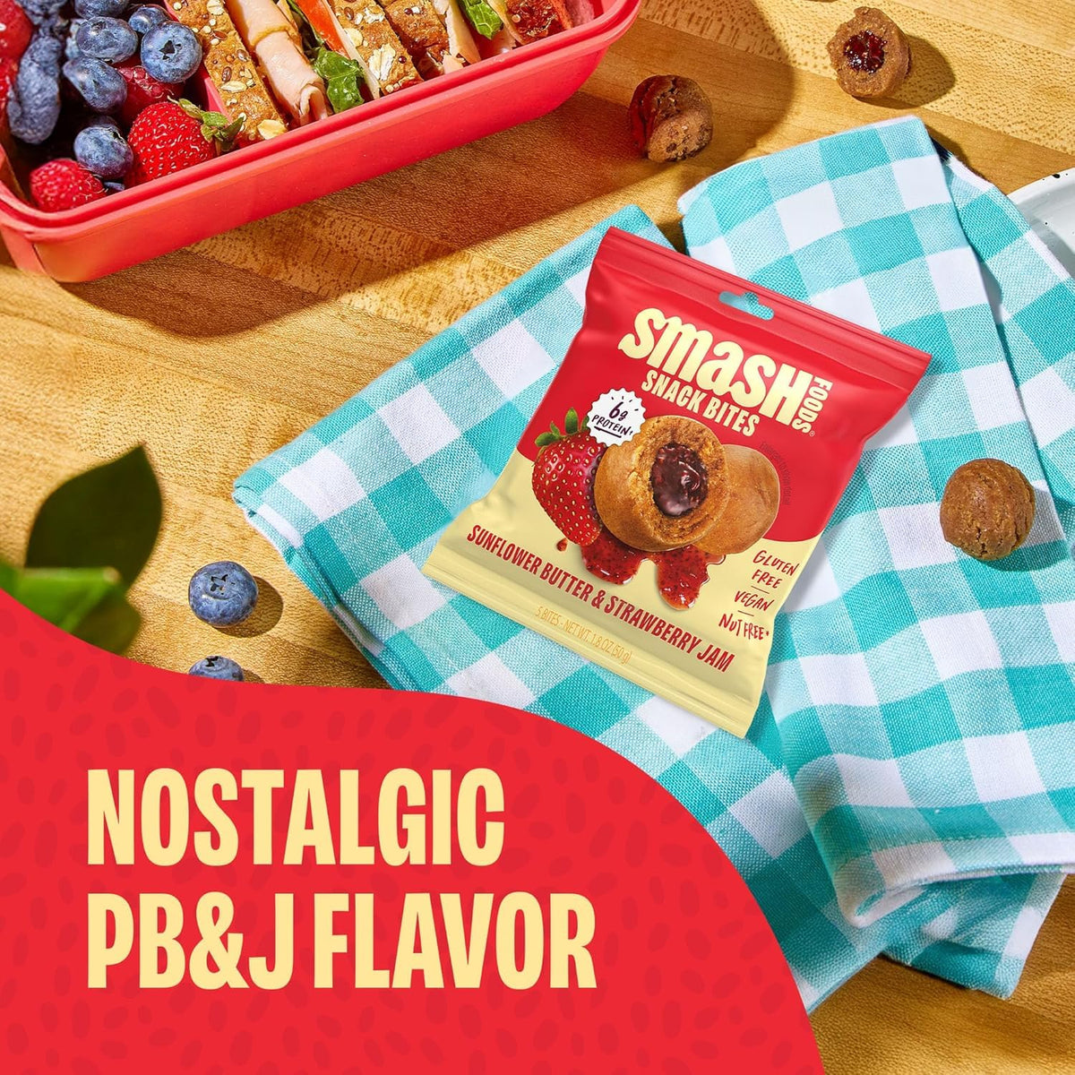 Chia Smash Smash Bites gluten-free snack made with sunflower butter and strawberries.