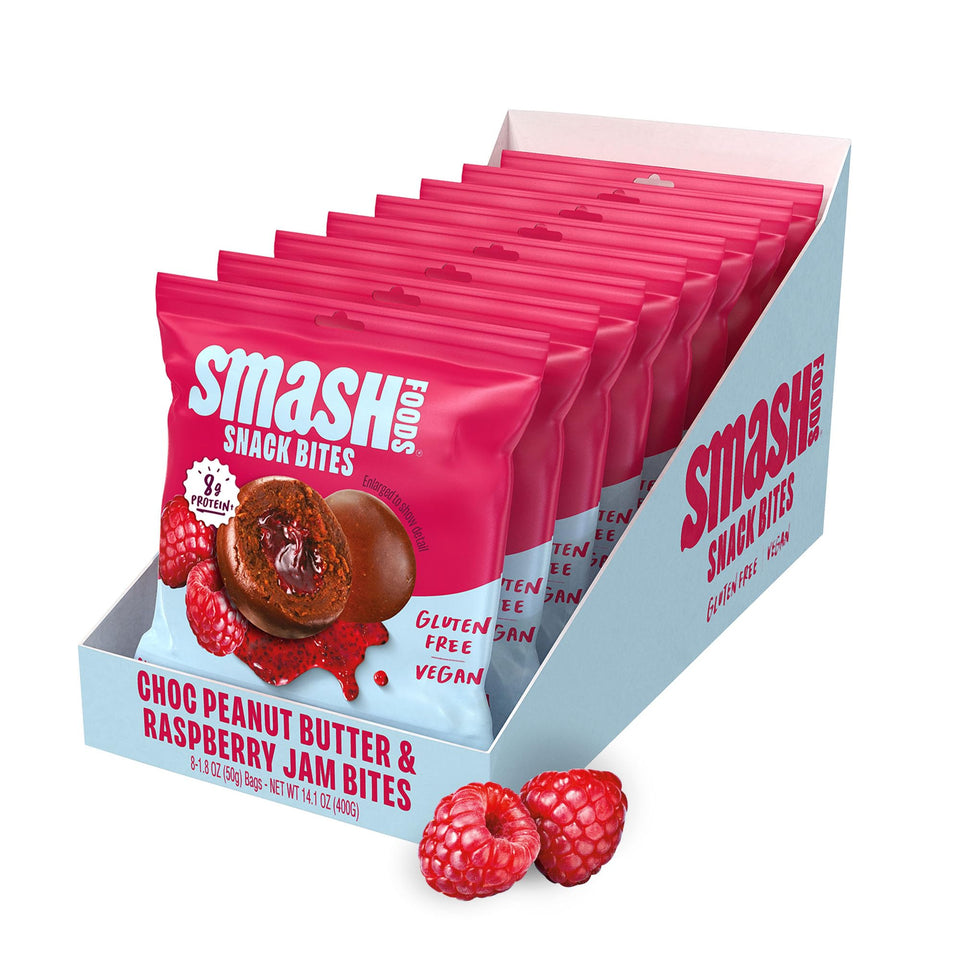 Chia Smash Smash Bites raspberry-chocolate packaging showing gluten-free vegan snack.