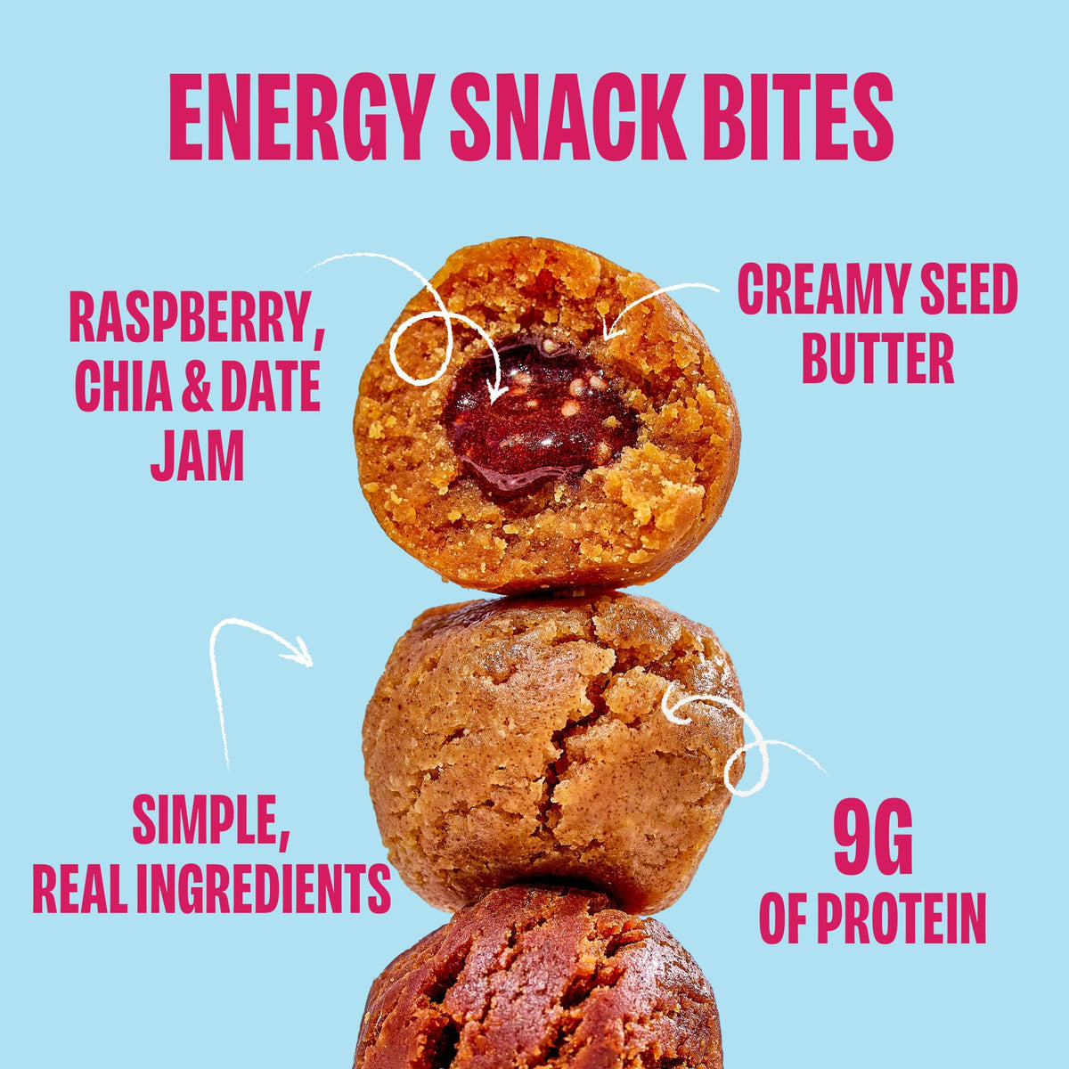 Chia Smash Smash Bites raspberry-chocolate bites displayed for on-the-go convenience.