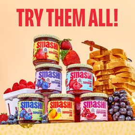 Chia Smash upcycled fruit ingredients label, sustainable superfood jam for meals.