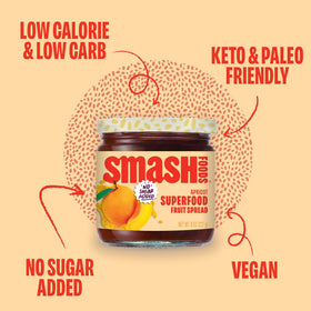 Chia Smash Apricot Jam ingredients from upcycled apricots emphasize sustainability and nutrition.