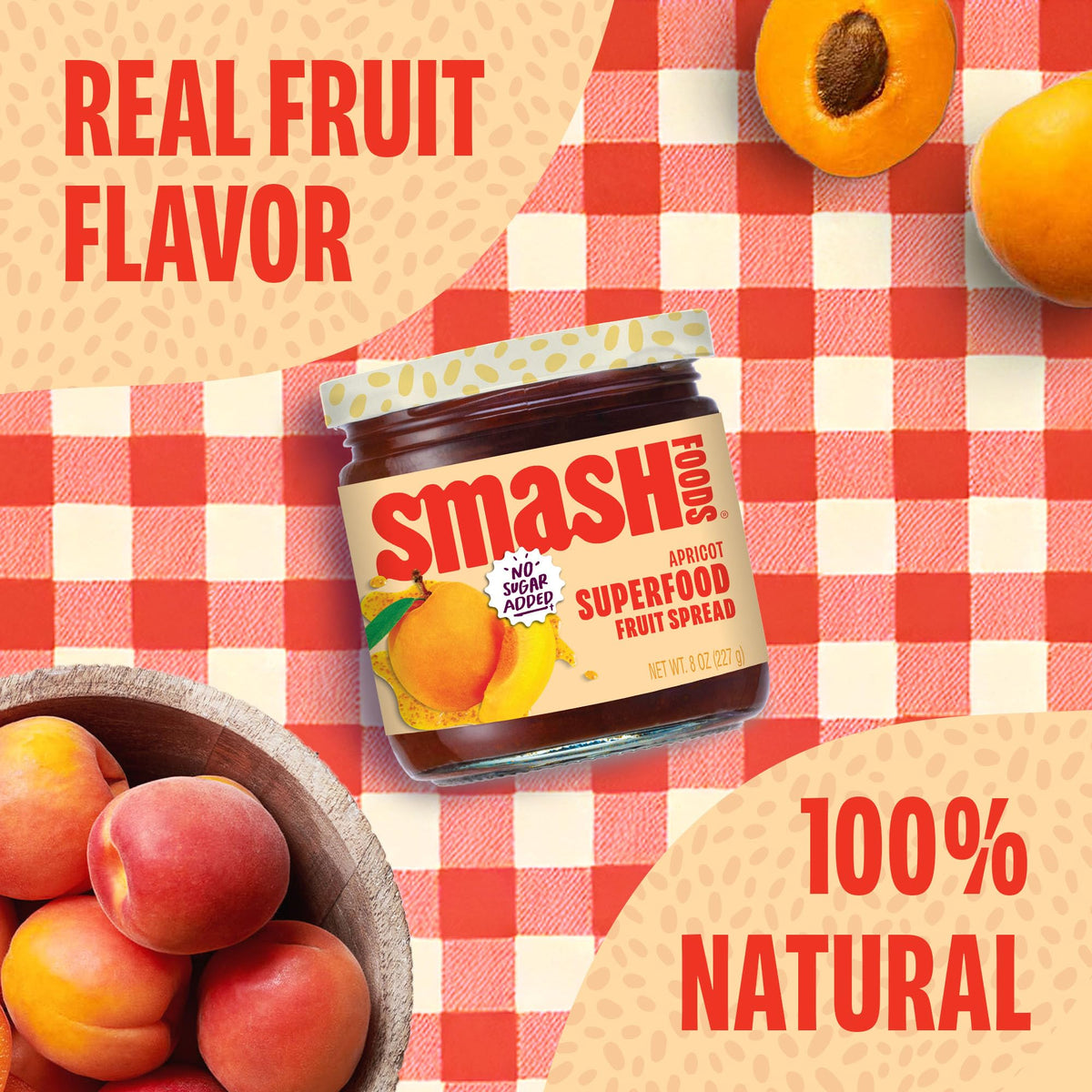 Chia Smash Apricot Jam jar front highlighting no added sugar and real fruit quality.