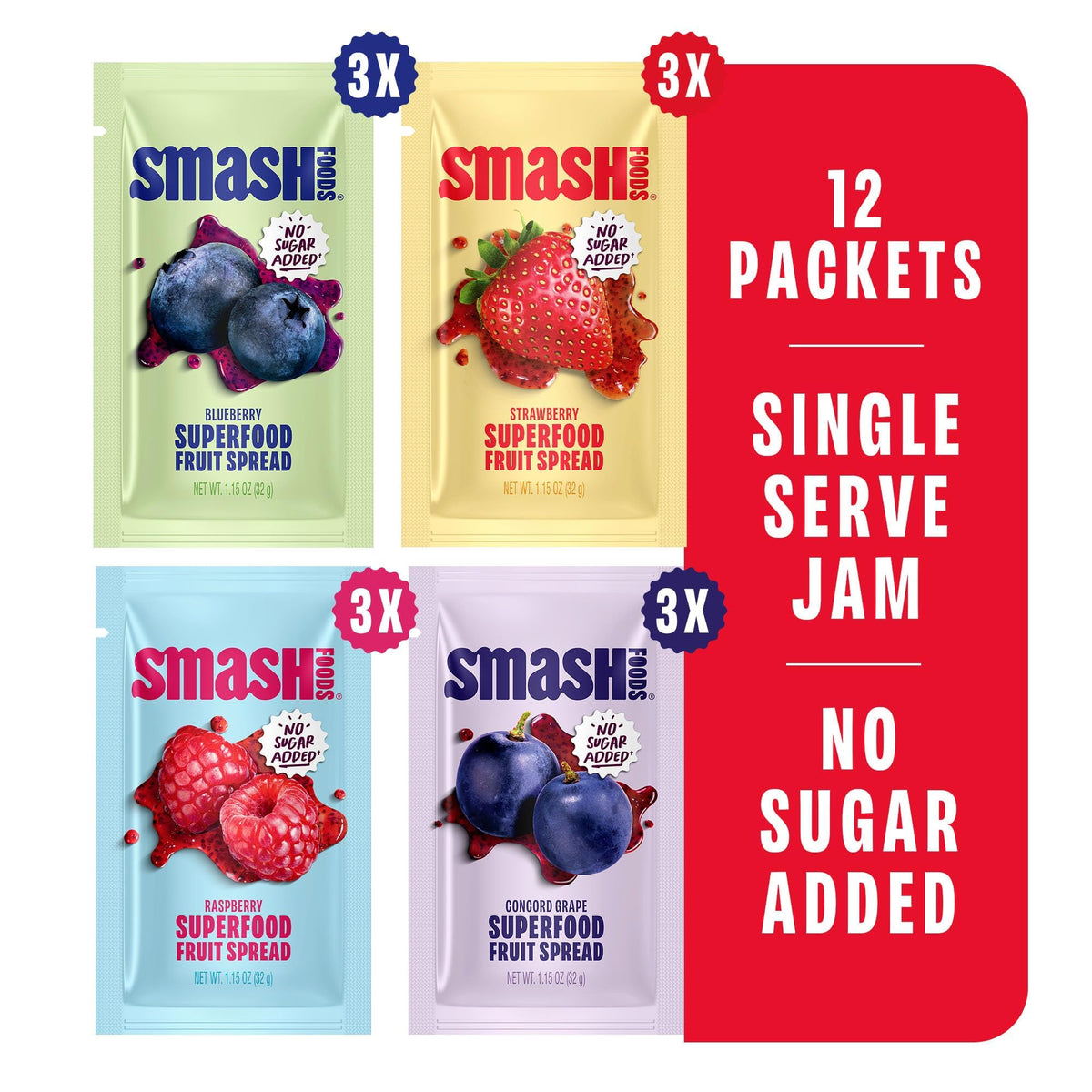 Chia Smash single-serve jam packets offer portable, mess-free snacking on the go.