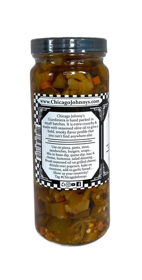 Close-up of peppers, carrots, and cauliflower in oil signaling Chicago Johnny's bold heat