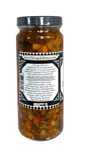 Chicago Johnny's mild giardiniera ingredients featuring peppers, celery, carrots, cauliflower in olive oil
