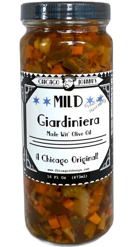 Chicago Johnny's Gourmet Mild Giardiniera jar ready for snacking and antipasti