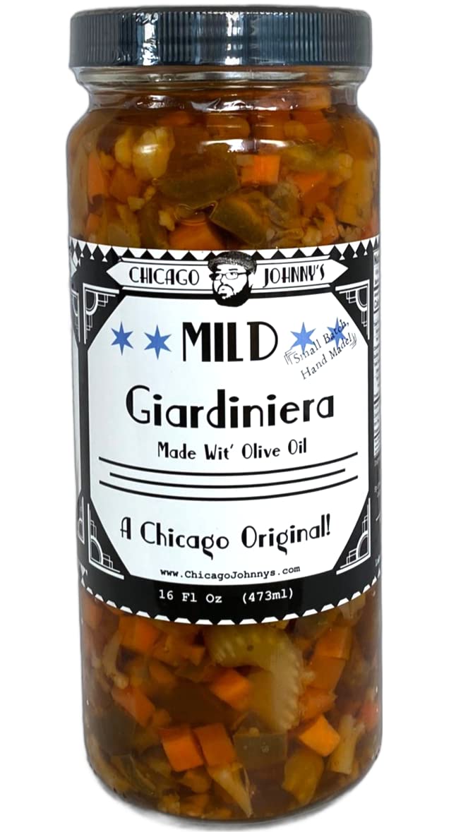 Chicago Johnny's Gourmet Mild Giardiniera jar ready for snacking and antipasti