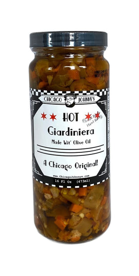 Chicago Johnny's Hot Giardiniera in olive oil bottle showcases artisanal quality for premium sandwiches