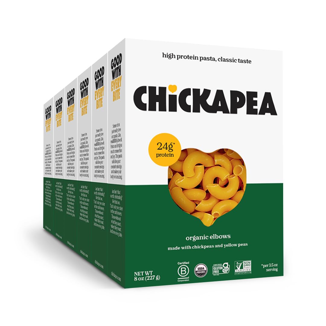 Chickapea elbows pasta pack6 displayed for protein-packed family dinners