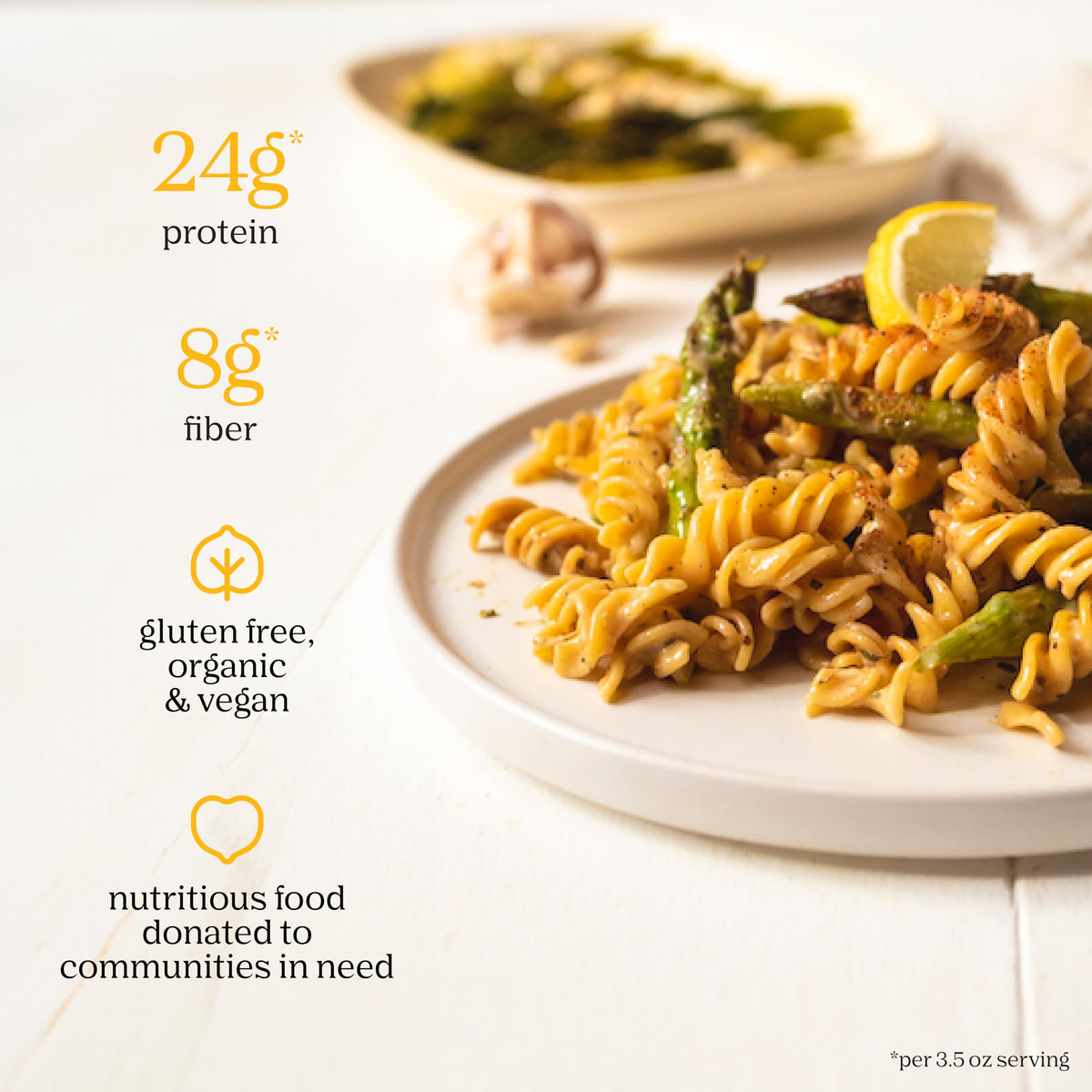 Chickapea protein packed pasta showing 24g per serving, family friendly.