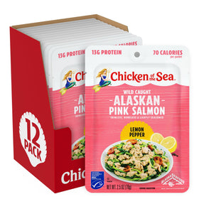 Chicken of the Sea alaskan pink salmon lemon pepper pack shown for on-the-go protein
