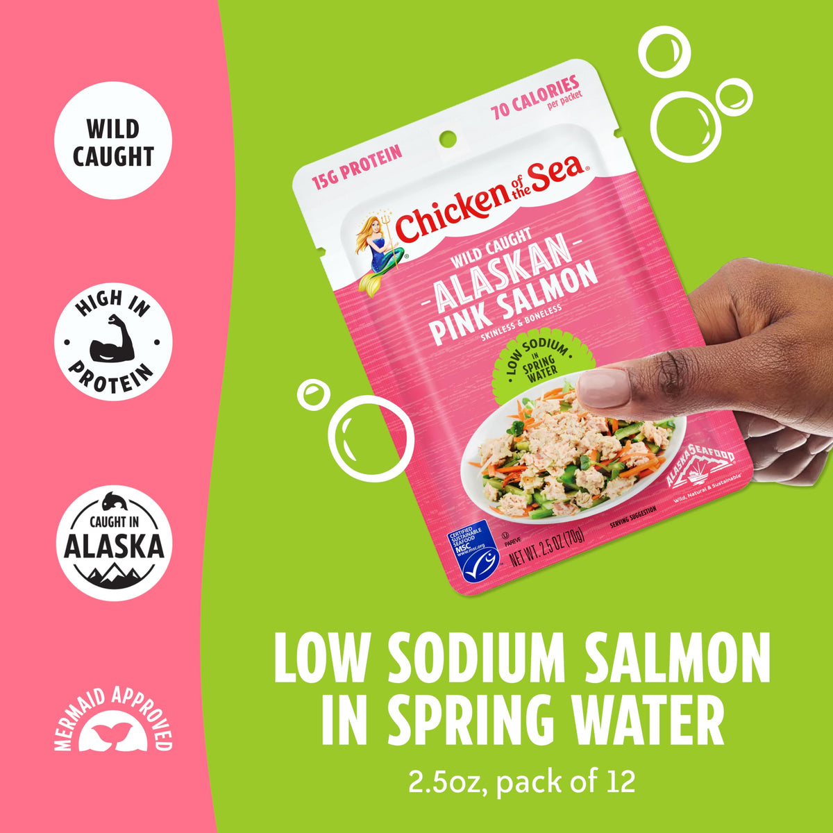 Chicken of the Sea pink salmon packet pour over salad for fast, protein-rich lunch.