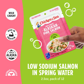 Chicken of the Sea pink salmon packet pour over salad for fast, protein-rich lunch.