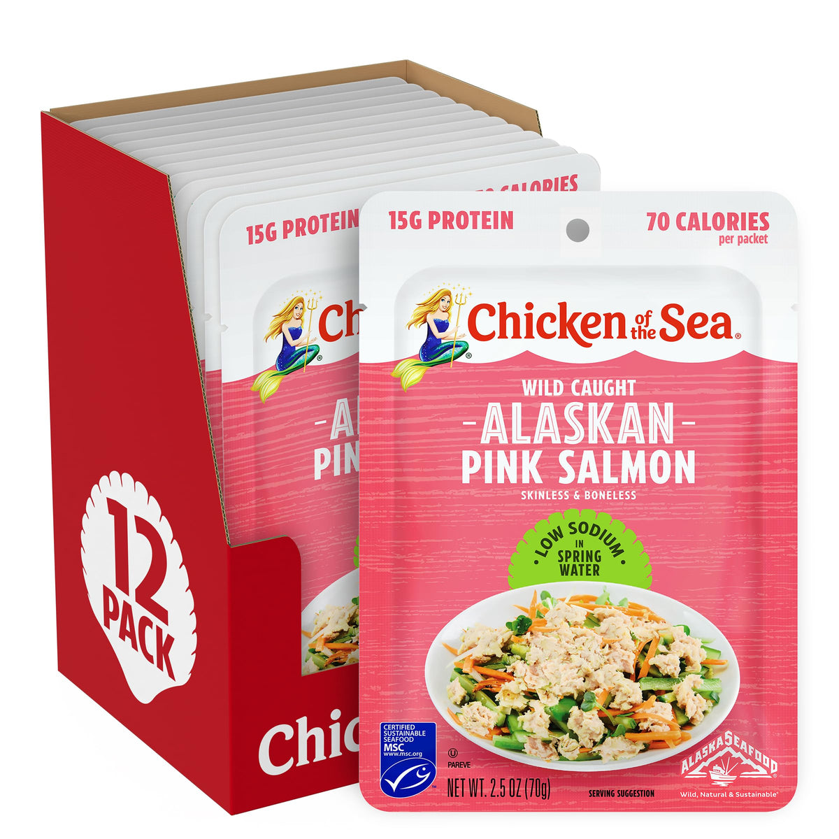 Chicken of the Sea Alaskan Pink Salmon packets box, easy pantry staple for quick meals.