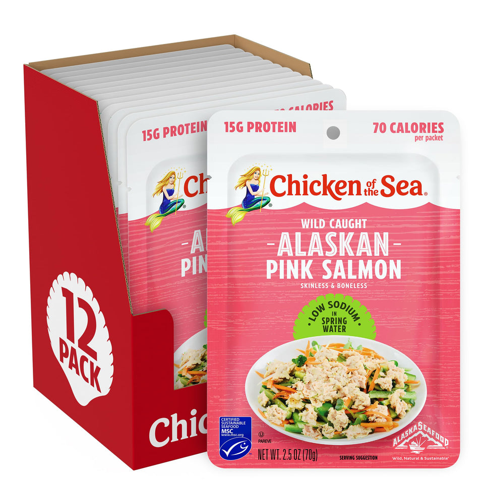 Chicken of the Sea Alaskan Pink Salmon packets box, easy pantry staple for quick meals.