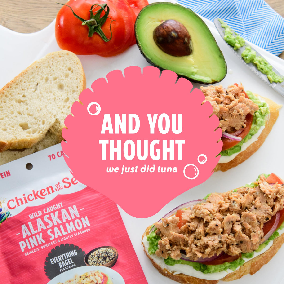 Chicken of the Sea pink salmon packets on a fresh salad for quick meals