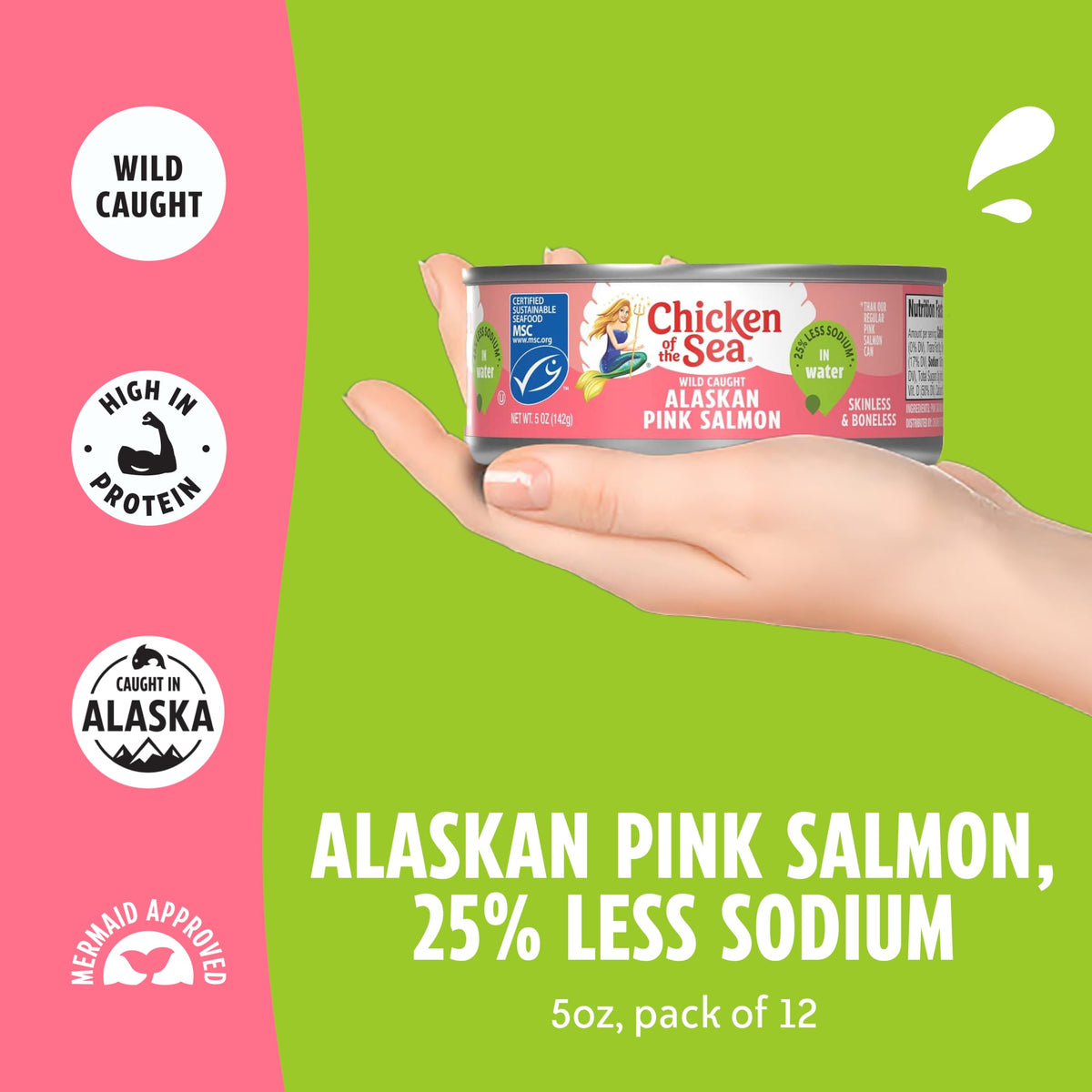Chicken of the Sea pink salmon cans in a 12-pack display.