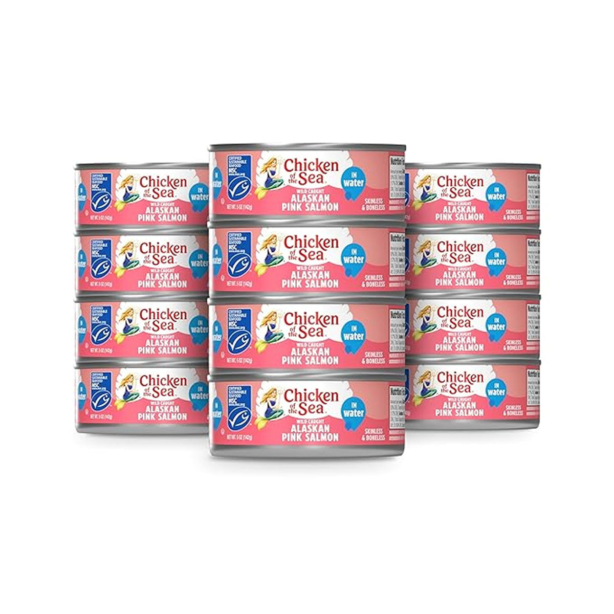 Chicken of the Sea pink salmon in water can on a kitchen counter for quick protein.