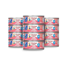 Chicken of the Sea pink salmon in water can on a kitchen counter for quick protein.