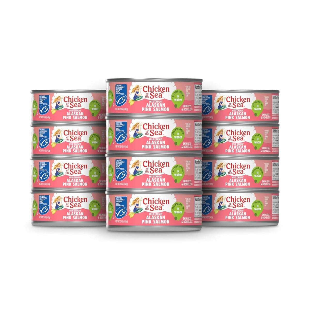 Chicken of the Sea Alaskan pink salmon in water label view, lower sodium option.