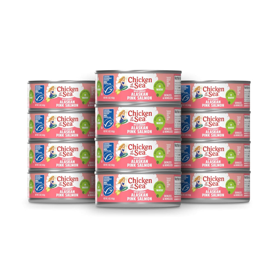 Chicken of the Sea Alaskan pink salmon in water label view, lower sodium option.