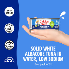 Chicken of the Sea albacore tuna in water 12-pack on display.