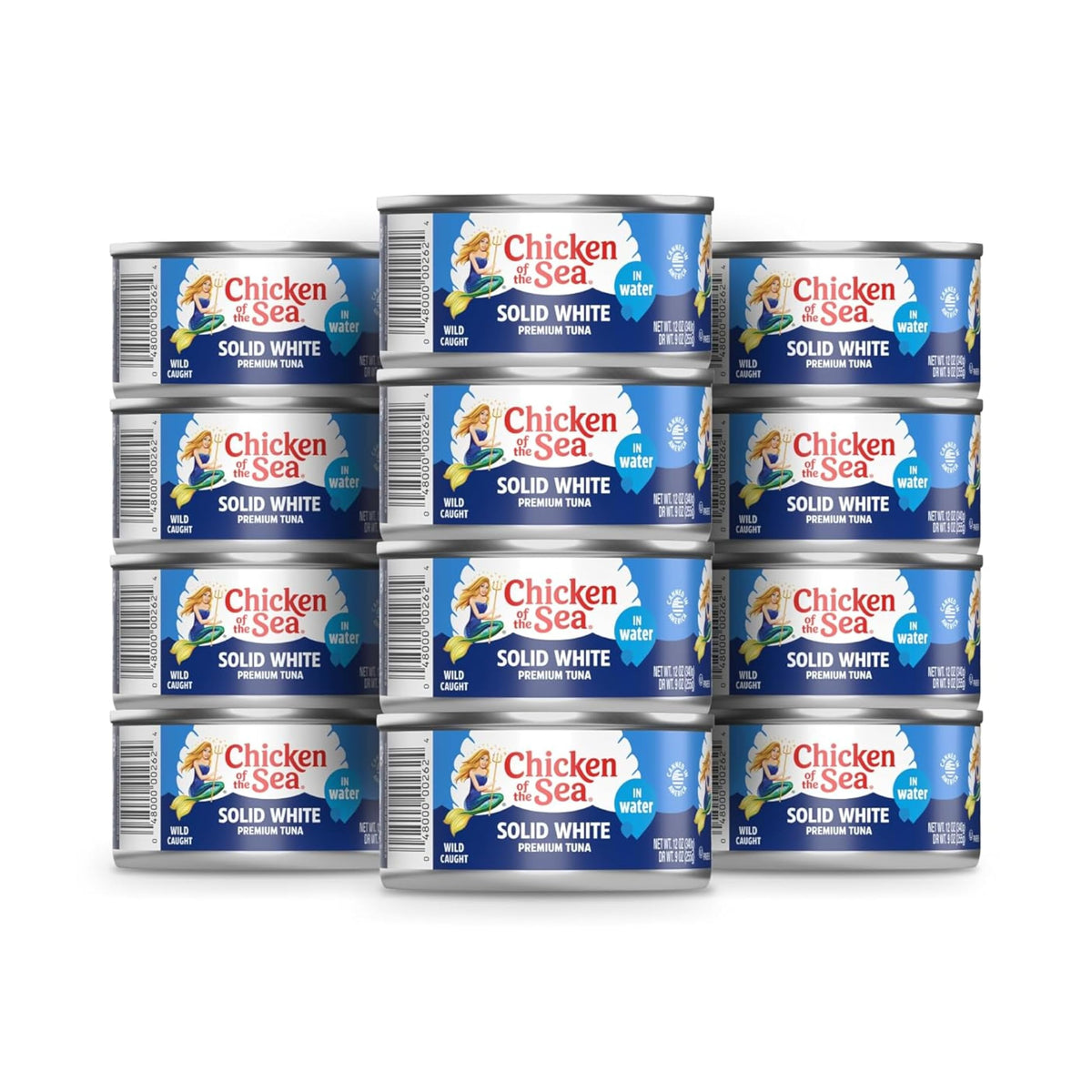 Chicken of the Sea albacore tuna in water can showing solid white tuna for quick, protein-packed meals.