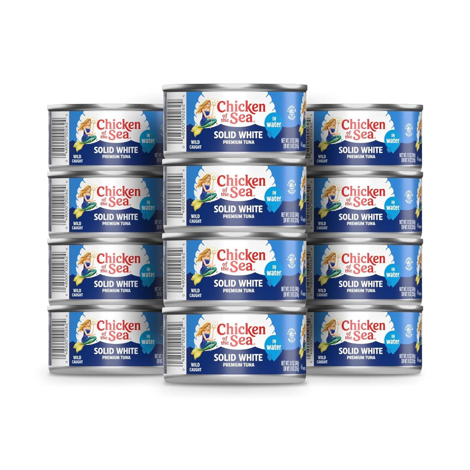 Chicken of the Sea albacore tuna in water can showing solid white tuna for quick, protein-packed meals.