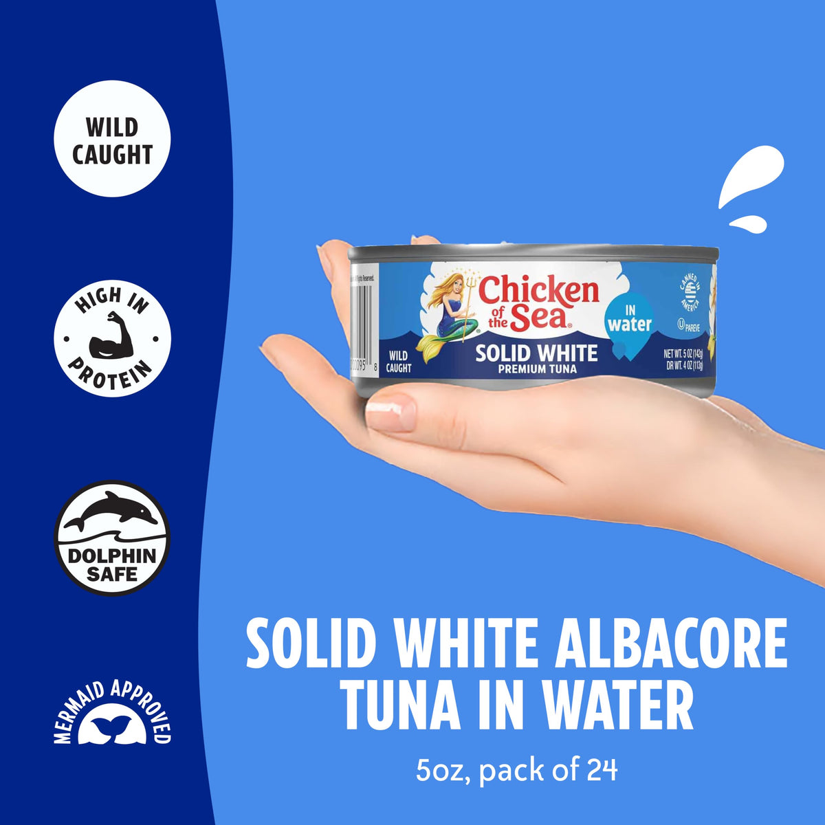 Chicken of the Sea albacore tuna in water label close-up, premium solid filet for salads.