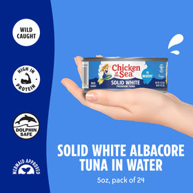 Chicken of the Sea albacore tuna in water label close-up, premium solid filet for salads.