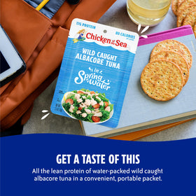 Chicken of the Sea albacore tuna in water shows protein and omega-3s on nutrition panel.