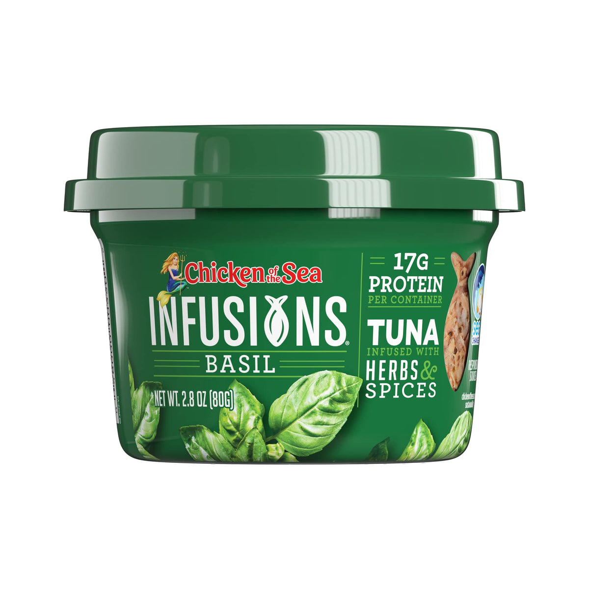 Infusions Tuna Basil ingredients close-up show natural basil flavors.