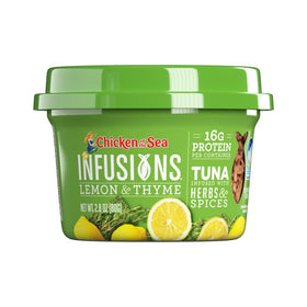 Chicken of the Sea Infusions label closeup highlights premium wild tuna with lemon and thyme