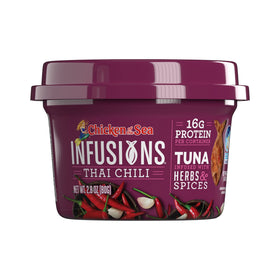 Close-up of tuna chunks with red chili in Chicken of the Sea Infusions for bold flavor.